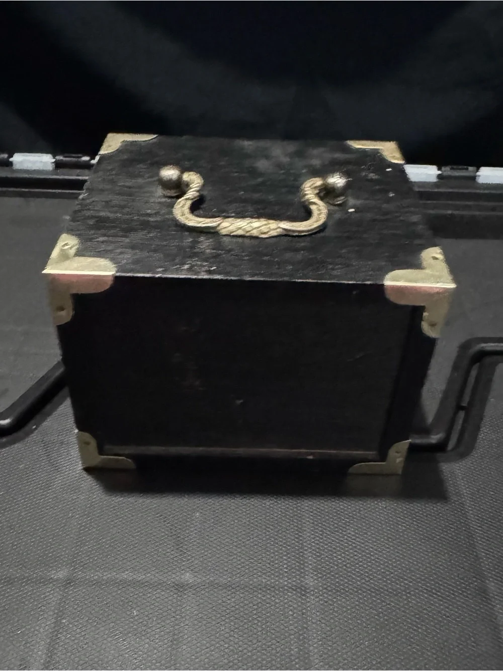 Vintage Chinoiserie Black Lacquer 8 Pc Coaster Set Brass Storage Box